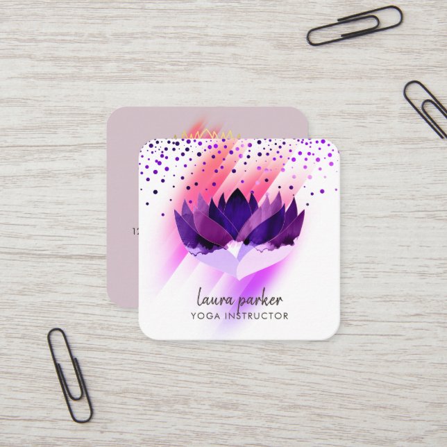 Purple Lotus Flower Yoga Instructor Zen Art Square Business Card (Front/Back In Situ)