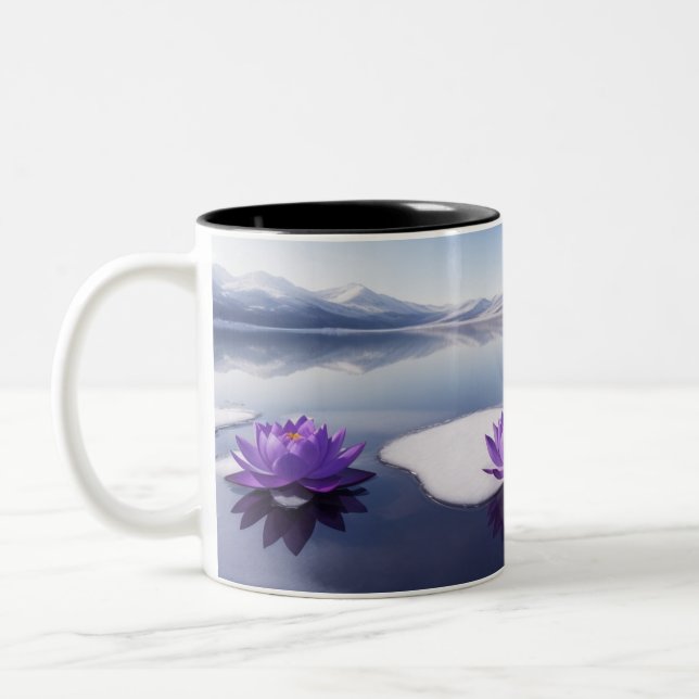 Purple Lotus flowers on a winter lake. Two-Tone Coffee Mug (Left)