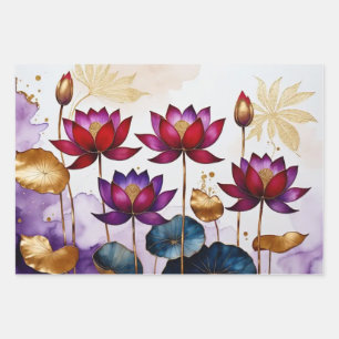 Purple Lotus Flowers With Golden Leaves Wrapping Paper Sheet