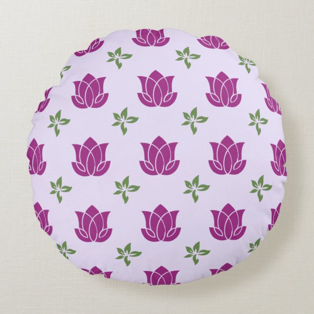 Purple Lotus & Green Leaves Pattern Round Pillow (Front)