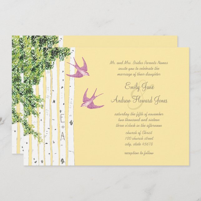 Purple Love Bird Birch Tree Wedding Invitations (Front/Back)