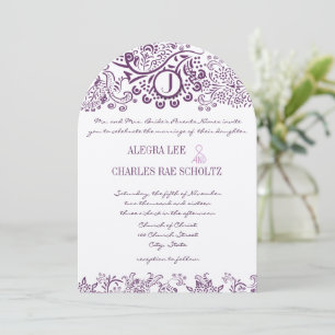 Purple Love Birds Damask Monogram Weddings Invitation