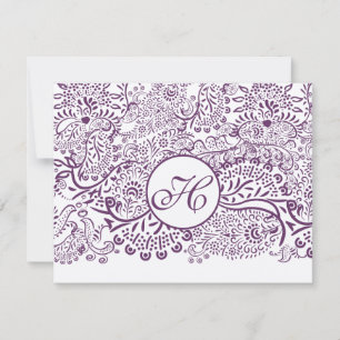 Purple Love Birds Damask Monogram Weddings RSVP Card