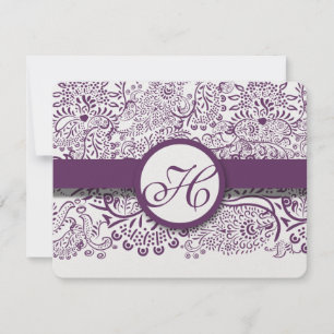 Purple Love Birds Damask Monogram Weddings RSVP Card
