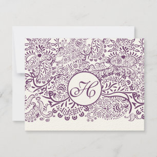 Purple Love Birds Damask Monogram Weddings RSVP Card