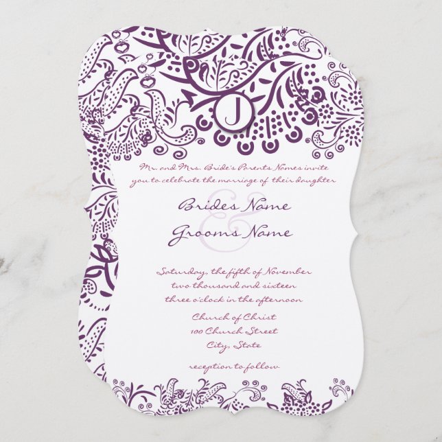 Purple Love Birds Fairy Tale Monogram Weddings Invitation (Front/Back)