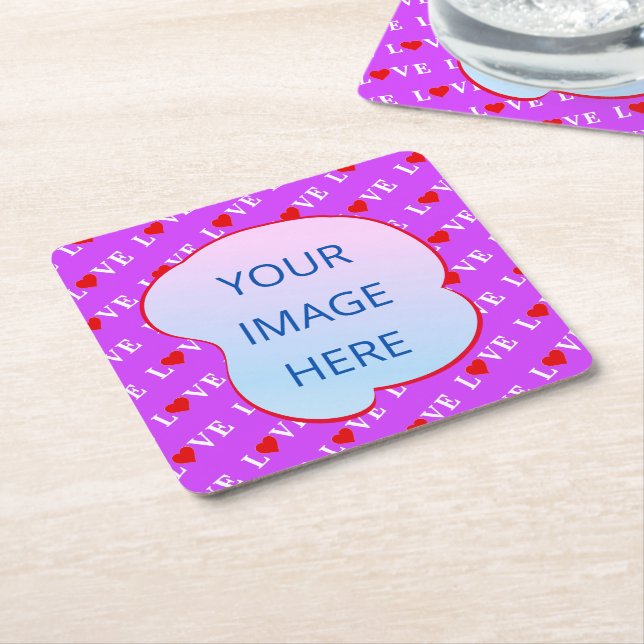 Purple LOVE Heart Elegant Square Paper Coaster (Angled)