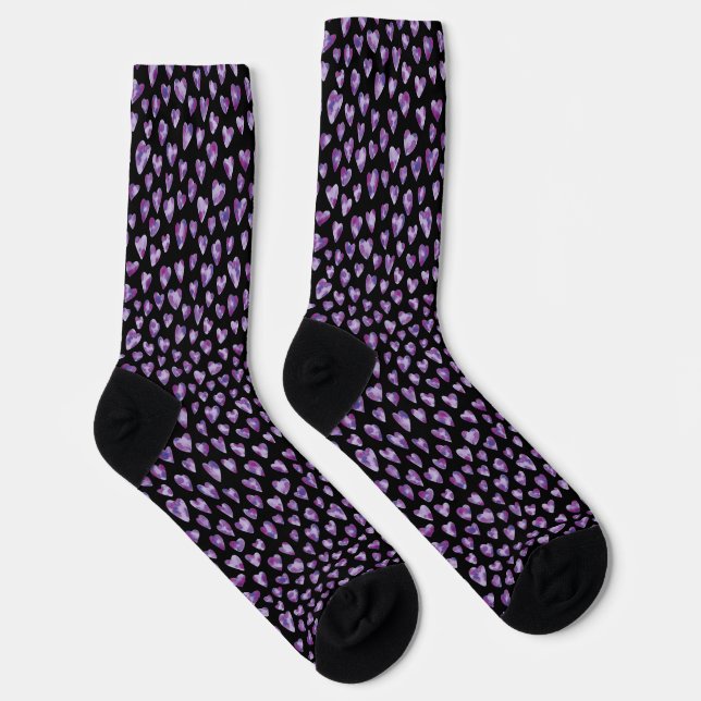 Purple Love Heart Pattern Black Socks (Right)