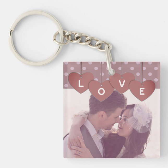 Purple Love Hearts Banner Overlaid Custom Photo Key Ring (Front)