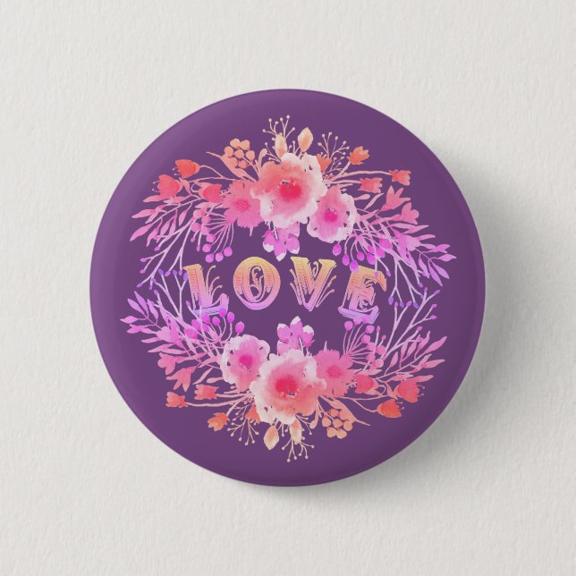 Purple LOVE in Watercolor Flowers 6 Cm Round Badge (Front)