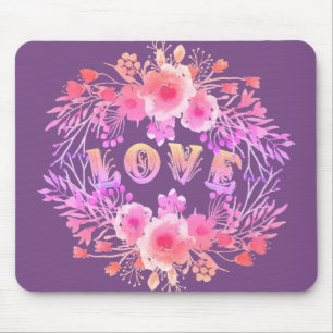 Purple LOVE in Watercolor Flowers Mouse Pad