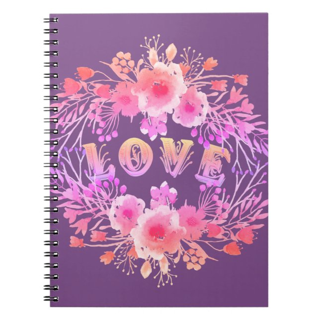 Purple LOVE in Watercolor Flowers Notebook (Front)