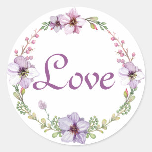 Purple Love Lavender Watercolor Floral Wreath Classic Round Sticker
