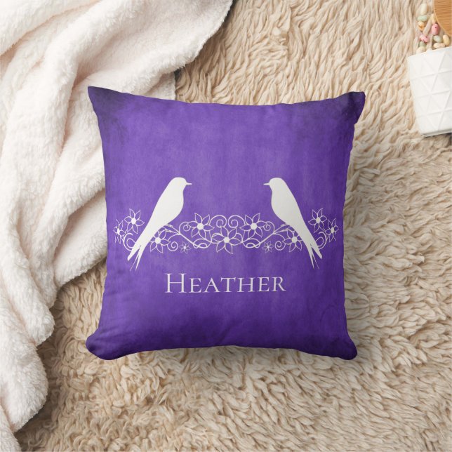 Purple Lovebirds Floral Vine Throw Pillow (Blanket)