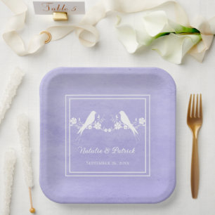 Purple Lovebirds Floral Wedding Paper Plates