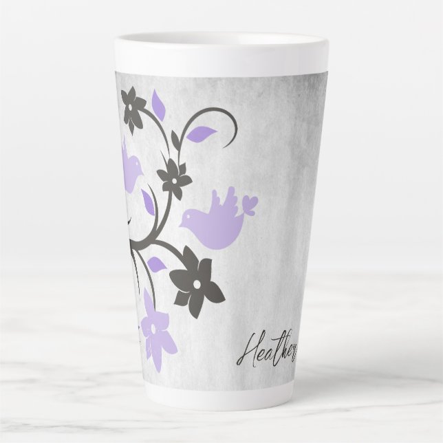 Purple Lovebirds Personalised Latte Mug (Front)