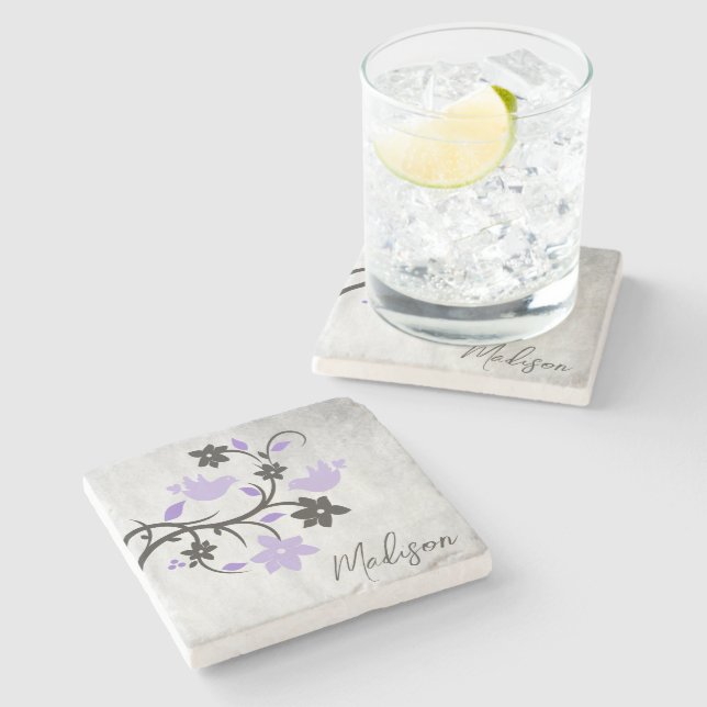 Purple Lovebirds Personalised Stone Coaster (Side)