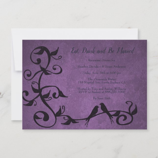 Purple Lovebirds Rehearsal Dinner Invite (Front)