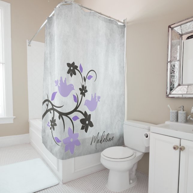 Purple Lovebirds Shower Curtain (In Situ)