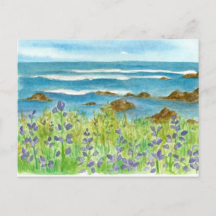 Purple Lupines Watercolor Wildflowers Ocean Waves Postcard