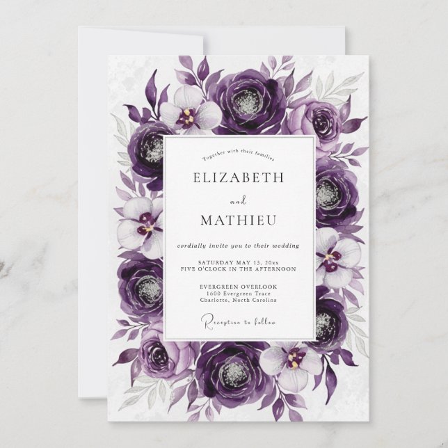 Purple Luxurious Botanical Wedding Invitation (Front)