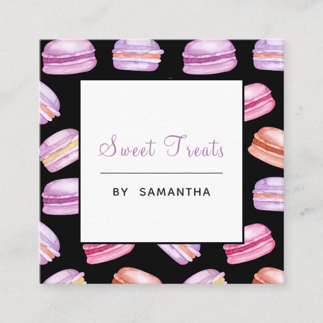 Purple Macarons Pattern Sweet Treats Dessert Baker Square Business Card (Front)