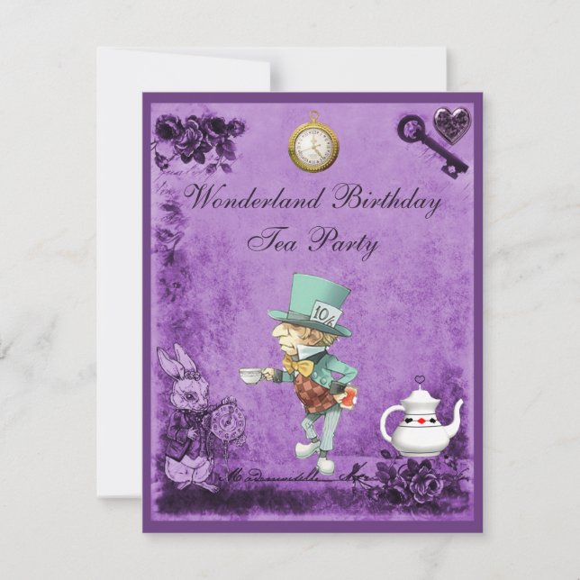 Purple Mad Hatter Wonderland Birthday Tea Party Invitation (Front)