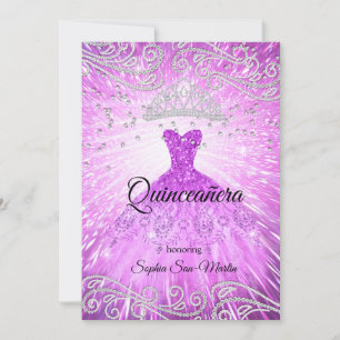 Purple Magenta Dress Silver Quinceanera Birthday Invitation
