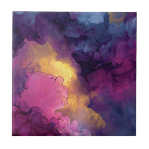 Purple Magenta Gold Alcohol Ink Nebula Flow Ceramic Tile