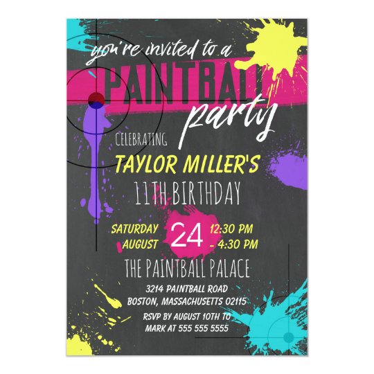 Purple & Magenta Paint Splash Paintball Party Card