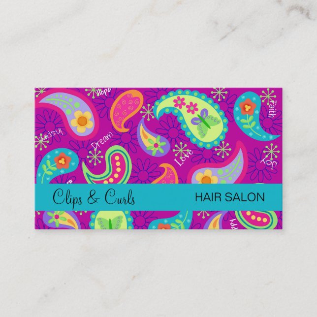 Purple Magenta Turquoise Blue Modern Paisley Business Card (Front)
