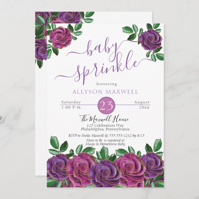 Purple | Magenta Watercolor Floral Baby Sprinkle Invitation (Front/Back)