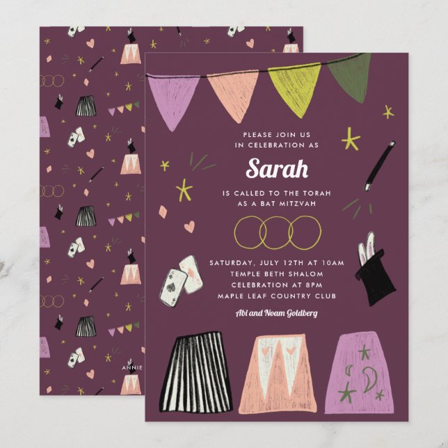 Purple Magic Show Bar Bat Mitzvah Invitation (Front/Back)