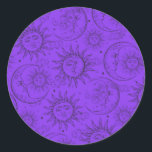 Purple Magic Vintage Celestial Sun Moon Stars Classic Round Sticker<br><div class="desc">Customise these for any event. 

Matching items available.</div>