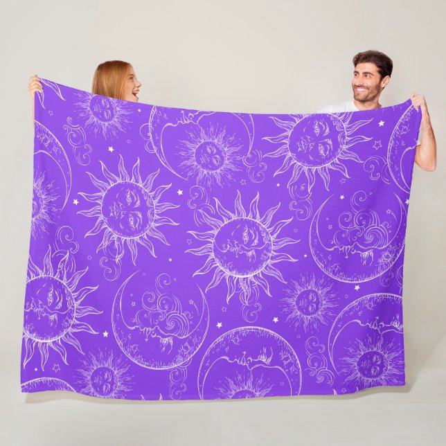 Purple Magic Vintage Celestial Sun Moon Stars Fleece Blanket (In Situ)