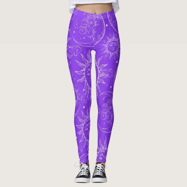 Purple Magic Vintage Celestial Sun Moon Stars Leggings (Front)