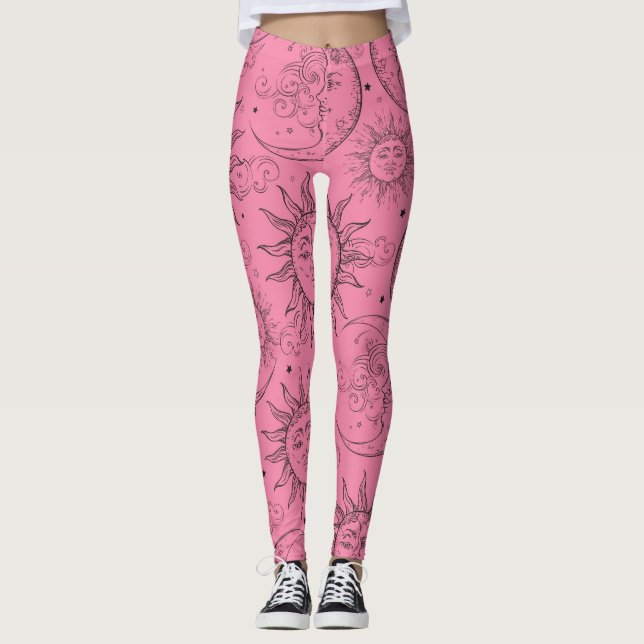 Purple Magic Vintage Celestial Sun Moon Stars Leggings (Front)