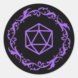 Purple Magical D20 Dice of Wizard Tabletop RPG Classic Round Sticker