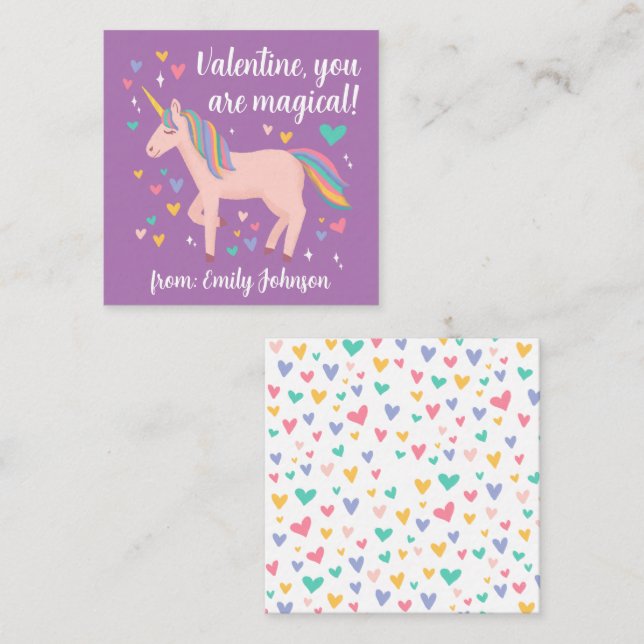 Purple Magical Unicorn Kids Classroom Valentine Card (Front/Back)