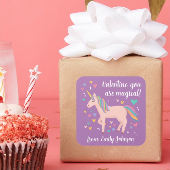 Purple Magical Unicorn Kids Classroom Valentine Square Sticker (Party)