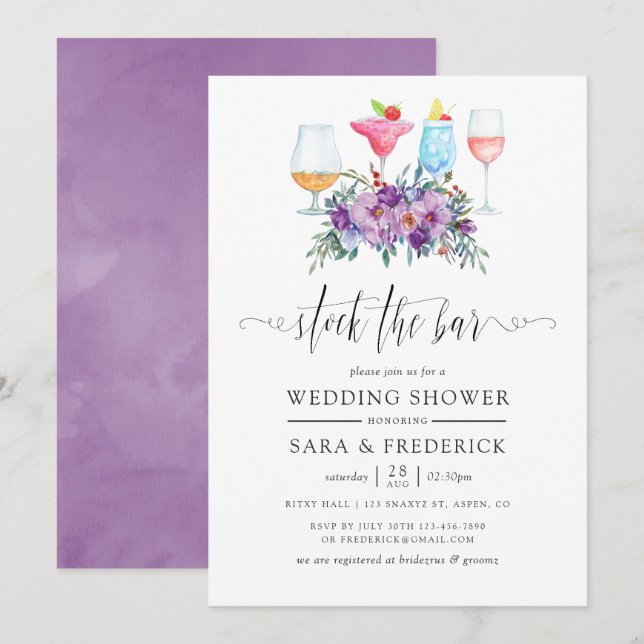 Purple Magnolia and Roses Stock the Bar Invitation (Front/Back)