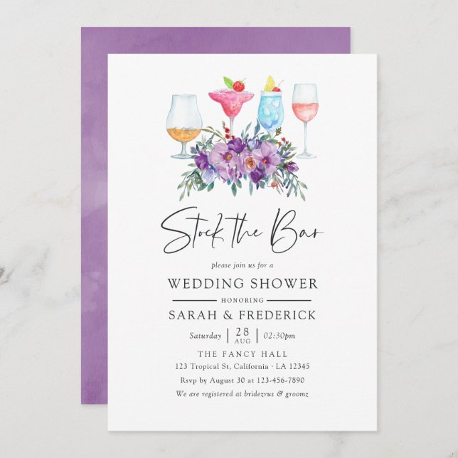 Purple Magnolia and Roses Stock the Bar Invitation (Front/Back)