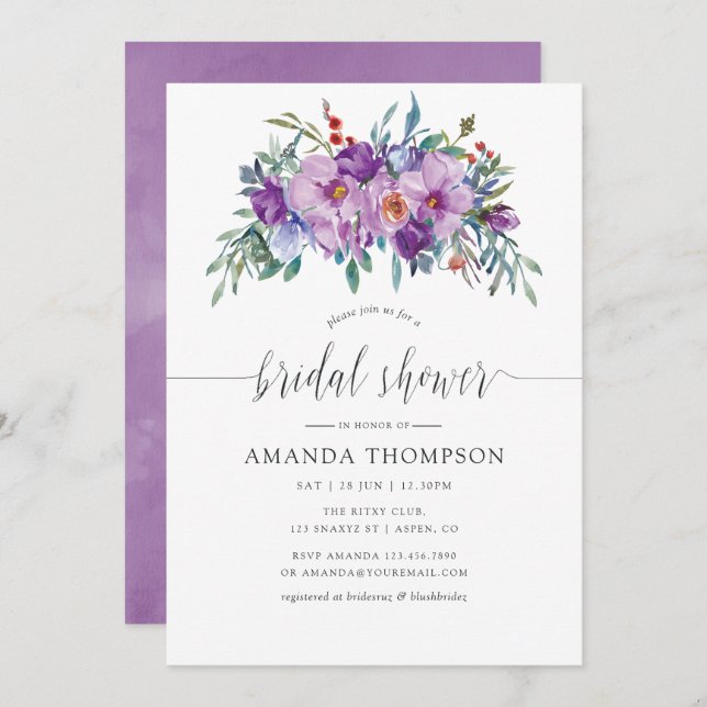Purple Magnolia and Roses watercolor Bridal Shower Invitation (Front/Back)