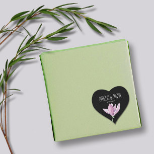 Purple Magnolia Floral Wedding Favour on Black Heart Sticker