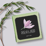Purple Magnolia Floral Wedding Favour on Black Square Sticker<br><div class="desc">Personalised stickers featuring a beautiful purple magnolia blossom watercolor and your text for any occasion in chic white lettering on a black background,  perfect for wedding party favours,  bridal shower,  wedding invitation seals and more. Available in different shapes. MATCHING ITEMS in our store.</div>