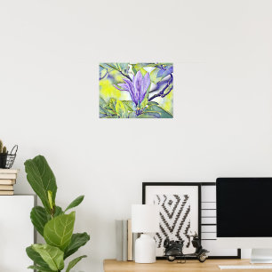 Purple magnolia flower watercolor green backgound poster