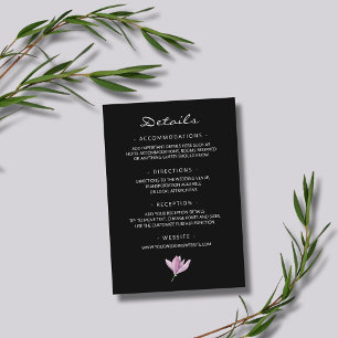Purple Magnolia on Black Floral Wedding Details Enclosure Card