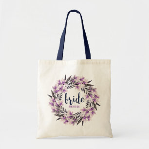Purple Magnolia Wreath  With Bride Typography Tote Bag
