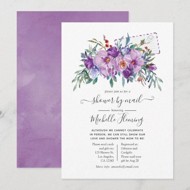 Purple Magnolias and Roses Baby Shower by Mail Invitation (Front/Back)