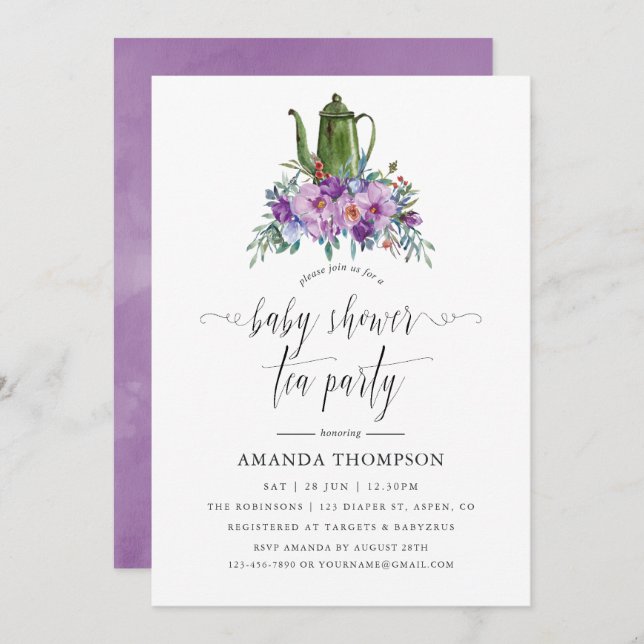 Purple Magnolias and Roses Baby Shower Tea Party Invitation (Front/Back)